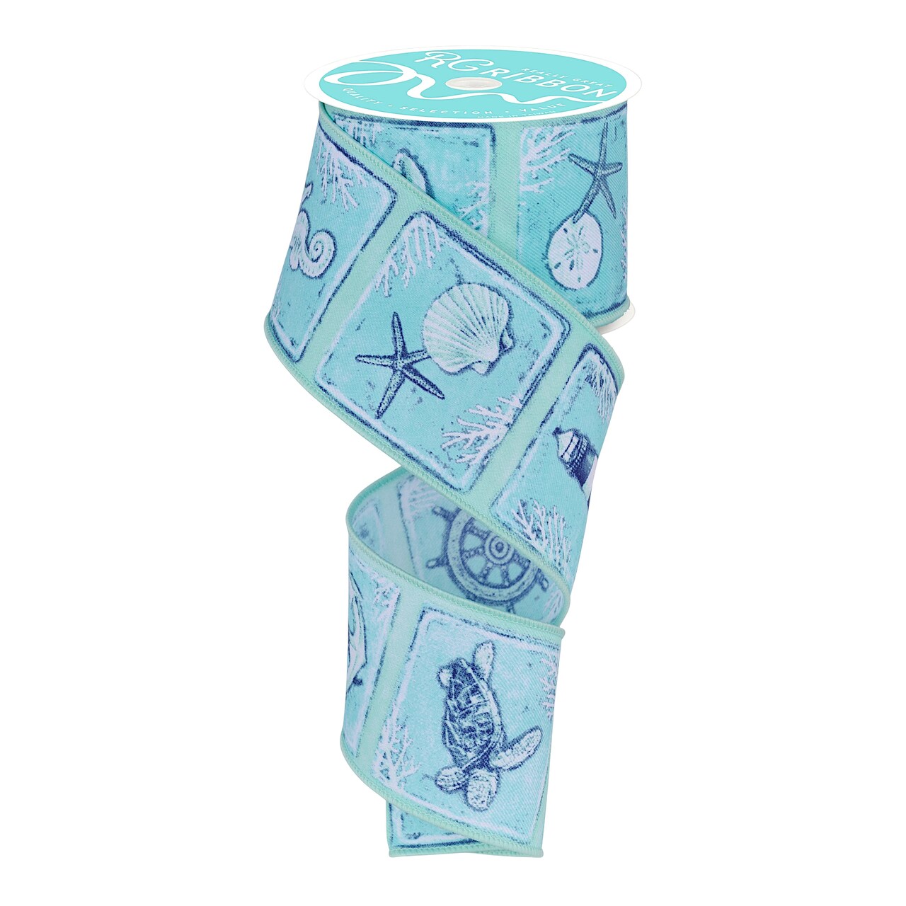 2.5" Coastal Blocks Wired Ribbon for Wreaths, Crafts, and Decoration - Nautical, Beach, Summer (Seafoam Green, Turquoise, Blue, White, 10 Yards)